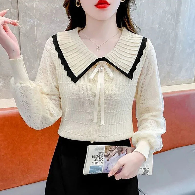 Knitted Sweater Women Pullovers New Long Sleeve Doll Collar Bow Knit Sweater Pullover Women Tops Sweaters Sueters De Mujer Q1178