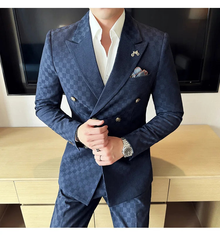 (Jacket+Pants) 2 Pieces Blue Apricot Business Party Men Suits Double Breasted Formal Style Custom Made Wedding Groom Tuxedos