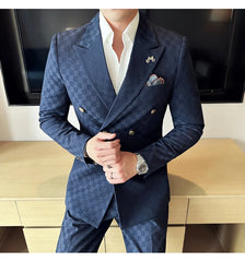 (Jacket+Pants) 2 Pieces Blue Apricot Business Party Men Suits Double Breasted Formal Style Custom Made Wedding Groom Tuxedos