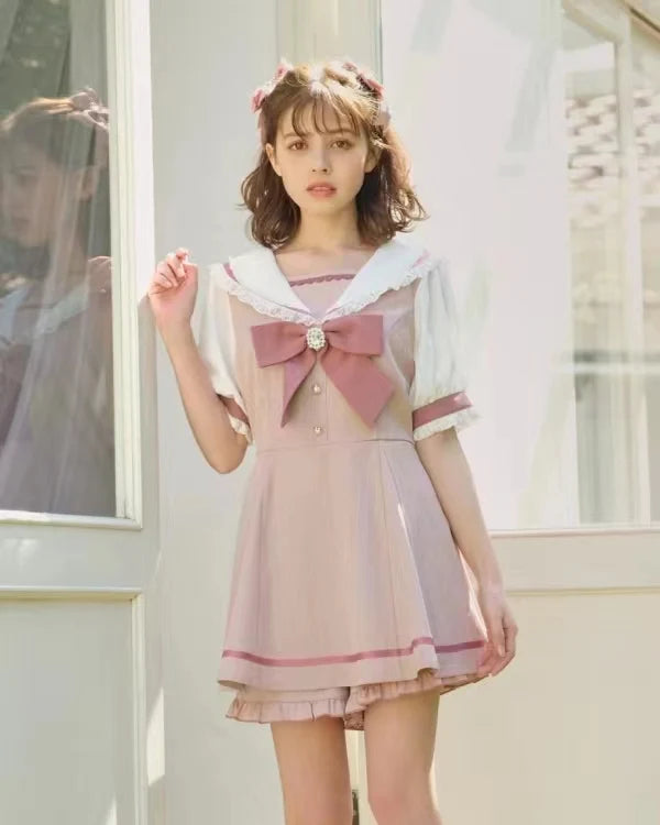 Rojita Japanese Sailor Collar Long Sleeve Top and Shorts Women's Two-Piece Set SC Outfits Sping and Summer Ladies Bow Shorts Set