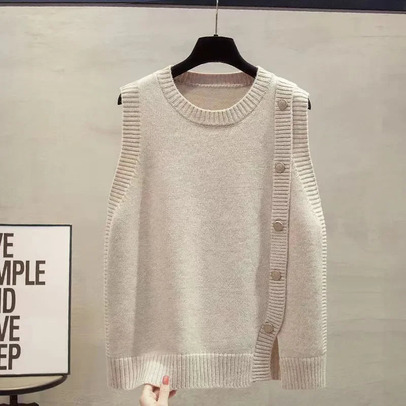 O-Neck Slit Knitted Waistcoat Women Spring Autumn 2025 New Fashion Sleeveless Jacket Knitwear Vest Loose Ladies Tops Tide T1233