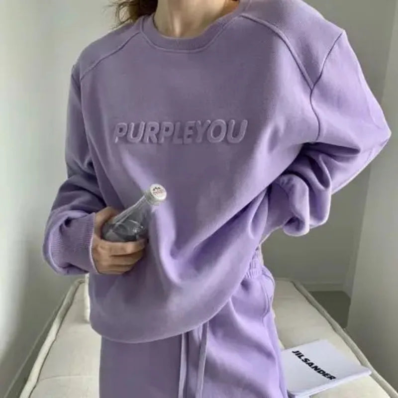 Women's Purple Sports Suit Spring And Autumn 2025 New Casual Fashion Style Loose Long Sleeve Sweater Tops Pants 2 Two Piece Set