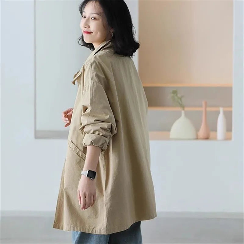 High-End Mid-Length Trench Coat Women Spring Autumn New Casual Windbreaker Fashion Pocket Overcoat Female Loose Outerwear T1436