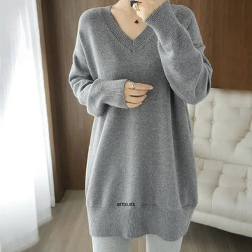 Size 4XL 150kg Women's Sweater Autumn Winter Knitted Pullovers V-neck Slim Solid Color Soft Knitwear Long Sleeve Tops