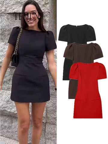 Women's Short Puff Sleeve Dresses Stylish Slimming Solid Pockets Elegant Zipper Mini Dress Fashion New Ladies Office Outfit