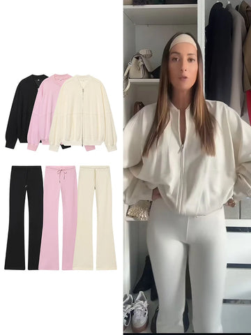 New Women's Zip Up Bomber Jacket and Drawstring Flared Pants Suit Fashion Casual Cozy Daily Sporty Simple Style Sets Autumn