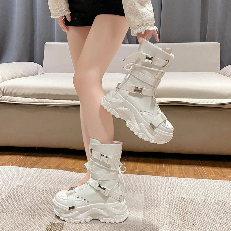 White Trendy Boots Women High Top Sneakers Platform Zip Ankle Boots Femme Chaussures Femmes Height Increase Outdoor Sports Shoes