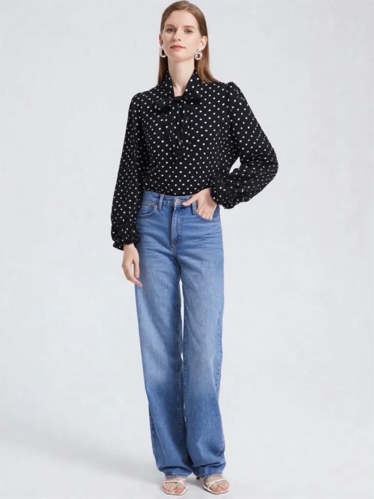 ZJYT Chic Blouse Women's Tops Large Size Black Polka Dot Print Casual Shirts & Blouses Long Sleeve Elegant Ladies Large Size New