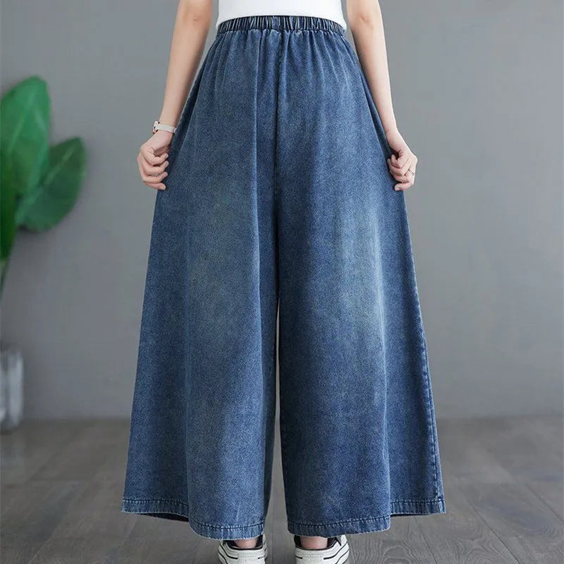 Jeans Elastic High Waist Spring Summer New Long Pant Women Wide Leg pants Loose Pleated Ladies Trousers Casual Woman Pants T950