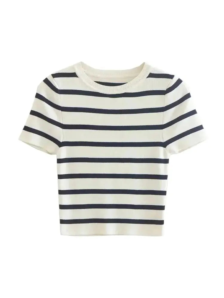 Women Fashion Striped Basic Cropped Knit Sweater Vintage O Neck Short Sleeve Female Pullovers Chic Tops