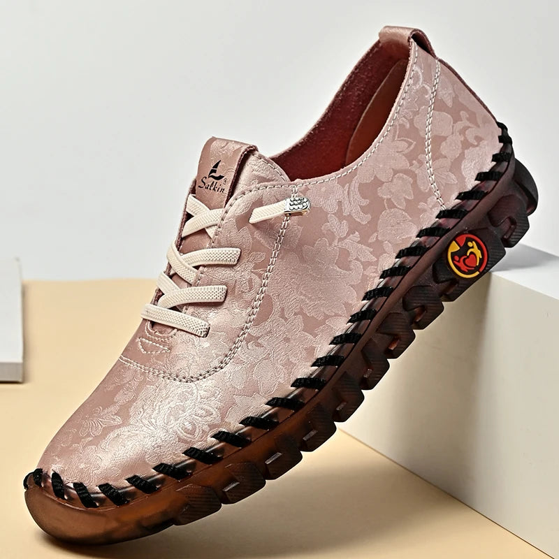 Print Fashion Sneakers Women Hand-stitching Leather Casual Shoes Design Platform Loafers Breathable Flats Shoe Driving Plus Size