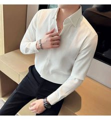 Waffle Spring Autumn Men's Shirt Casual and Slim Long Sleeve Solid Polo Neck Shirt Non Iron Wrinkle Resistant Business Tops