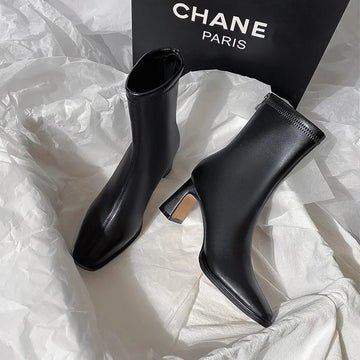 Square Ankle Boots Autumn Comfortable Soft Leather High Heel Boots Women's Fashion Zipper Simple Temperament Women's Shoes