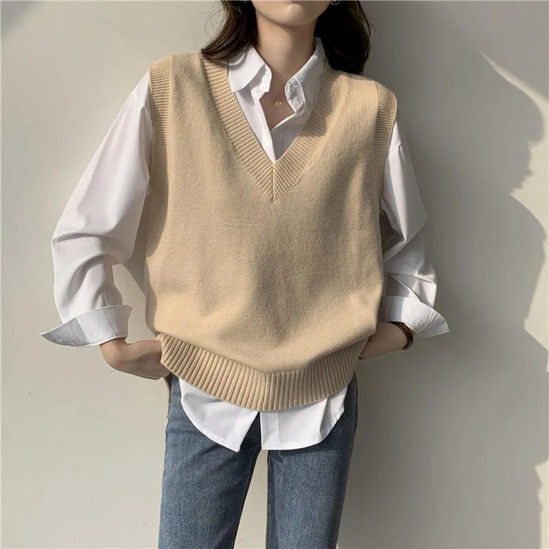 Autumn Winter Women's Knitted Vest Solid Color Casual Basic V-Neck Sleeveless Sweater Woman All-Match Grey Knitwear Waistcoat