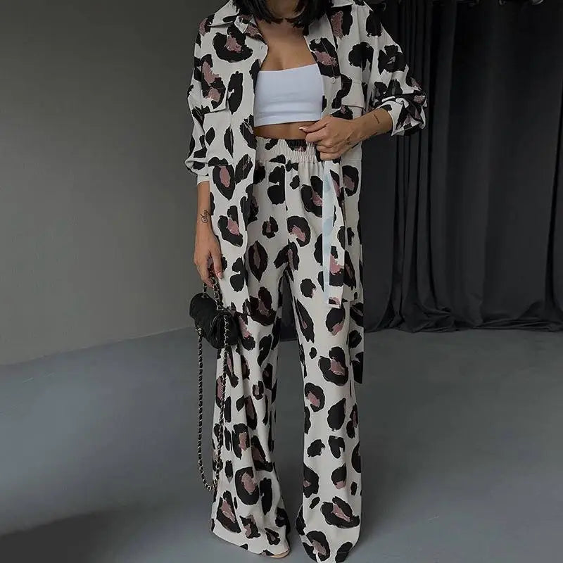 Print Women Two Piece Pant Sets Women Shirt Turn Down Collar Button Wide Leg Pants Suits Loose Tracksuit Set Pockets Spring