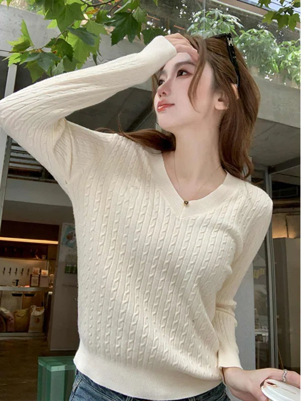 Knitted Sweater Women Pullovers New Long Sleeve V-Neck White Knit Sweater Pullover Women Tops Knitwears Sueters De Mujer Q1489