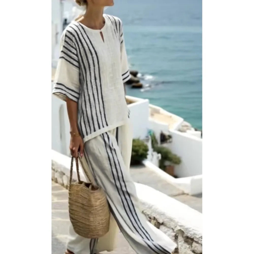 Women Fashion Linen Cotton Short-sleeved Top + Trousers 2-piece Set Summer Print Stripes Retro Casual Loose Female Trousers Suit