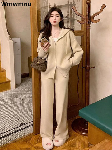 Hooded Zipper Sweater Conjuntos Women's Casual Baggy Wide Leg Pants Knitted 2 Piece Set, Fashion Straight Knitwear Ensemble