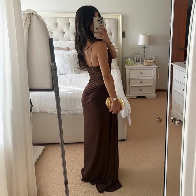 Luxury Women's Brown Curvy Dress Sexy One Shoulder Lace Transparent Party Evening Long Dresses Female 2025 Black Burgundy New