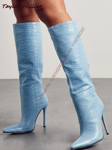 Autumn New Blue Snake Pattern Women'S Boots Pointed Toe Stiletto Slip-On High Heel Boots Fashionable Temperament Knee-High Boots