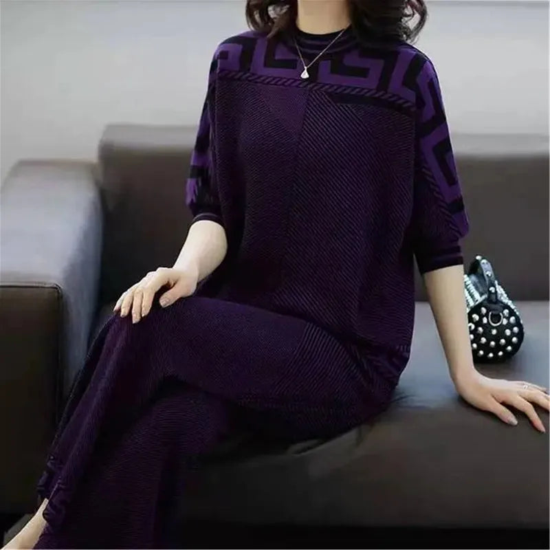 Two piece Women's Knitwear Casual Sets 2025 Spring Autumn New Loose Fashion Temperament Pullover Tops+Wide leg Pants Female