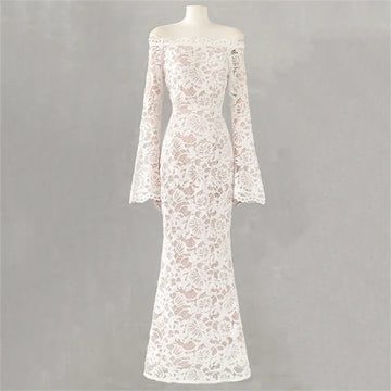 Women's dress New sexy off shoulder long dresses for spring 2026 Flared sleeve slim fit party dresses y2k Lace hip hugging dress