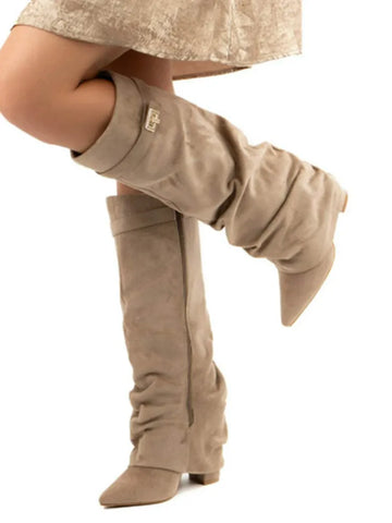Autumn and Winter New Pointed Metal Buckle Knee High Women's Boots, Thick High-heeled Pants Boots, Fashionable Mid Leg Boots