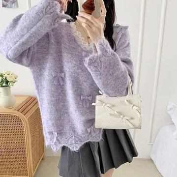 Round Neck Pullover Bow Fashionable Commuter Versatile Knitted Sweater Long-sleeved Top