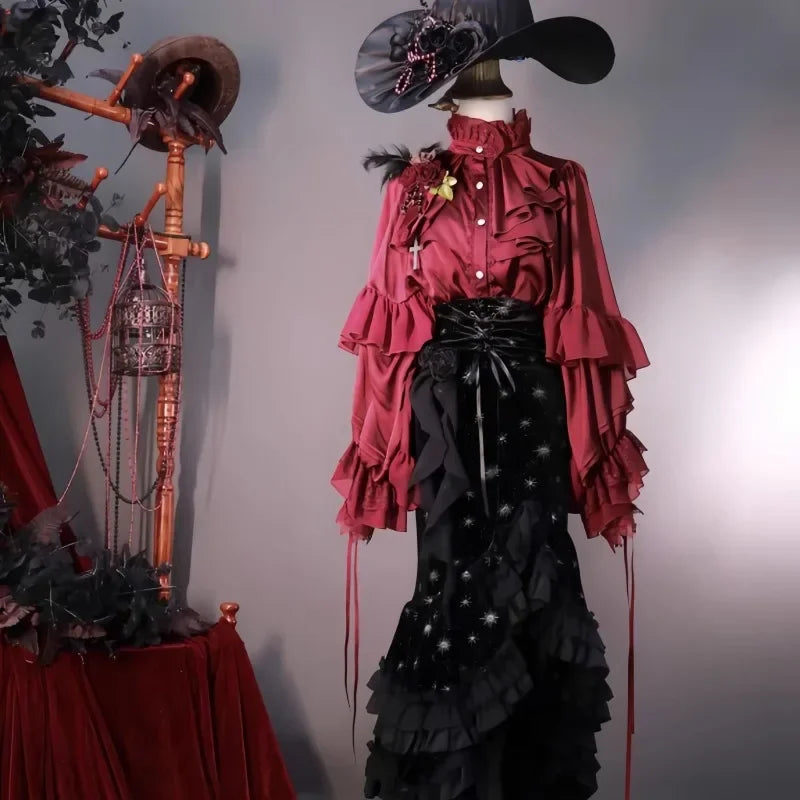 Lolita Y2k Gothic Dark Academia Clothes Loose Long Sleeve Shirt Women Y2k Stand Collar Ruffles Patchwork Blusas De Mujer