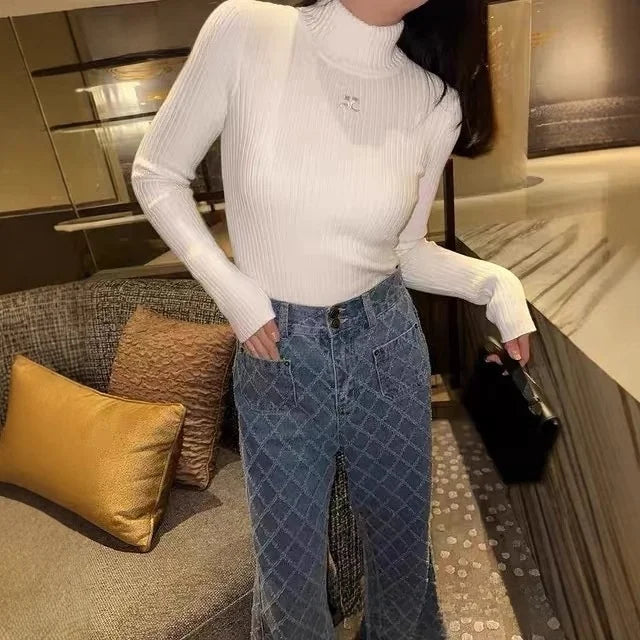 Slim Fit Long Sleeve Knitted Base Shirt for Women Half High Collar Autumn Winter Simple Style Street Trend Gothic Fashion Top
