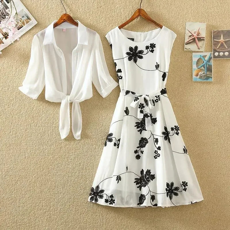 Two-piece Dress High Waist Summer Vintage Elegant Suit Sleeveless Slim A-line Skirt Floral Embroidery White Top Bow Belt Women