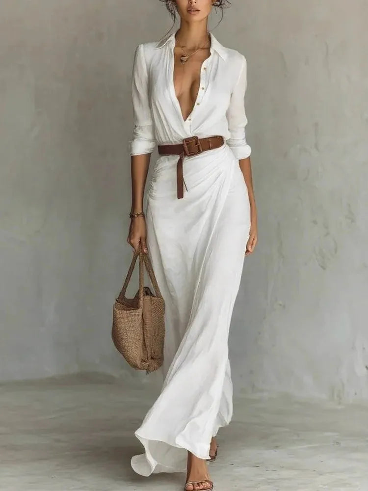 Fashion Sexy Single-breasted V-neck Long-sleeved Dress For Women Elegant Spring Autumn Solid Color Irregular Belt Dresses Female