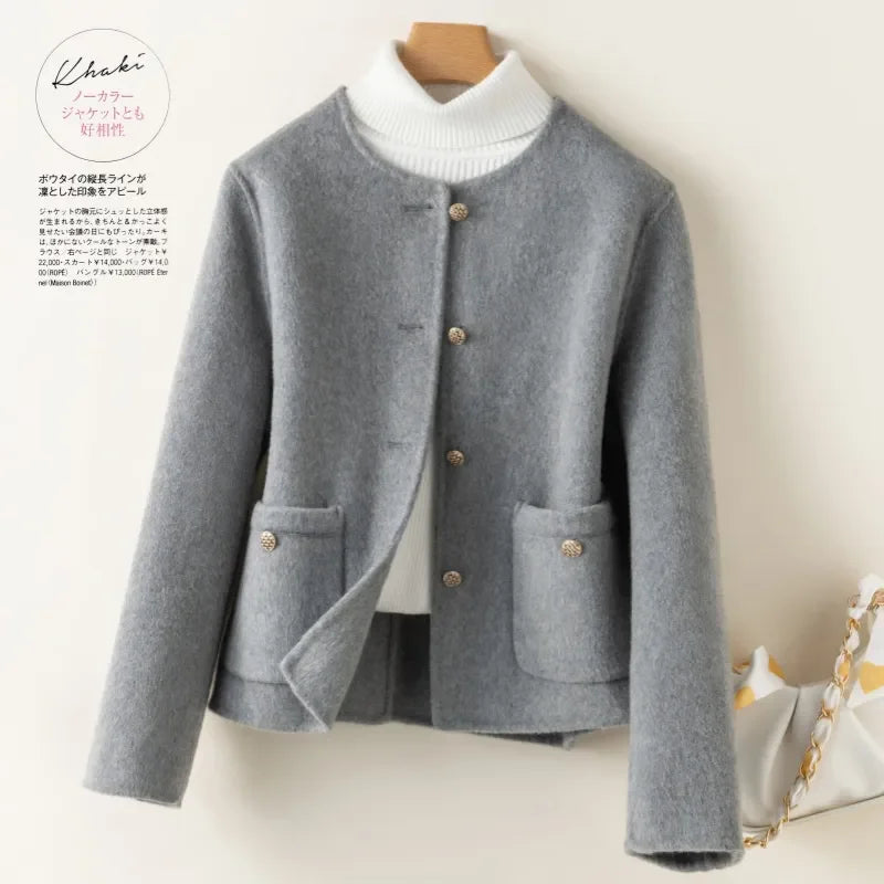 Double-Sided Cashmere Coat Women Short 2024 Autumn Winter New O-Neck Single-Breasted Faux Wool Jacket Female Loose Outwear T864
