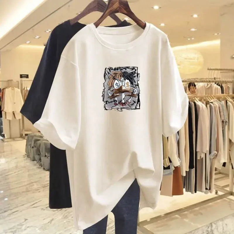 Women's Clothing Vintage Hand-Painted Money Short Sleeve T-shirt Summer European Style Pure Cotton O-neck Top Tee Loose Pullover