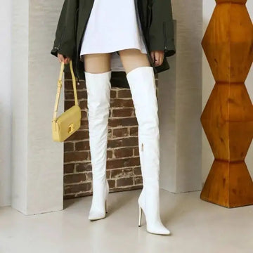 Sexy Stiletto Heels Patent Leather Women Knee High Boots White Boots Big Size 34-46 With Side Zip