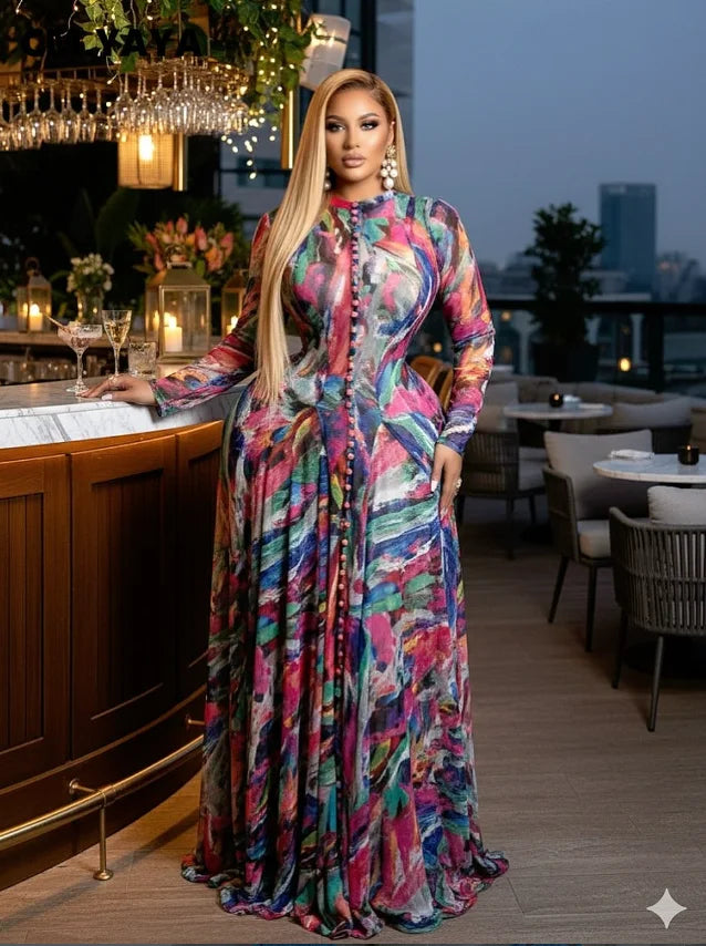 CM.YAYA Women O-neck Long Sleeve Big Swing Tie Dye Print Long Dress 2026 Sexy Parties Evening Vacation Maxi Dresses Vestidos