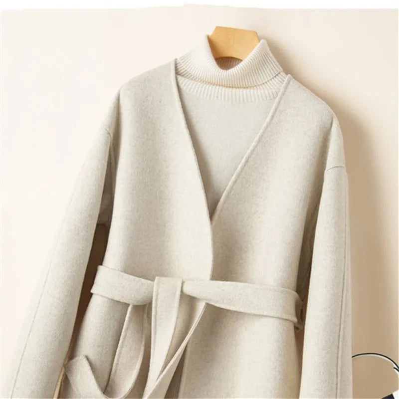 New Autumn Winter Double-Sided Cashmere Short Woolen Coat Women Fashion V-Neck lace-up Wool Jacket Female Loose Outerwear T1497