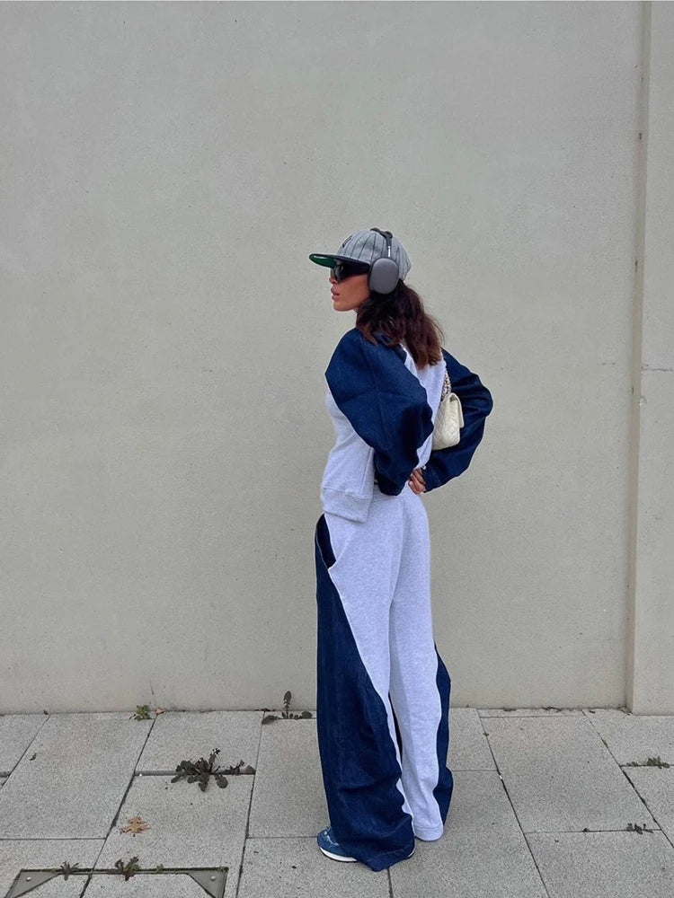 Women's Autumn Color Clash Casual Sweatshirt Set Patchwork Color Round Neck Long Sleeve Sweatshirt High Waist Casual Pants