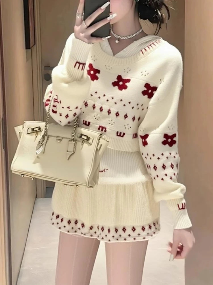 Women's Apricot Floral Print Knit Sets 2025 New Autumn Winter Outfit Jacquard Top + Mini Short Skirt Sweet Design Two-Piece Set