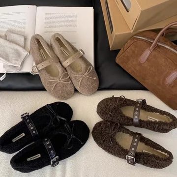 Autumn Winter Short Plush Women Warm Flats Shoes Fashion Butterfly-knot Belt Buckle Shoes Ladies Ballet Style Mary Jane Shoes