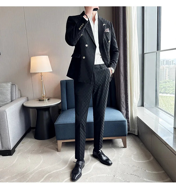 (Jacket+Pants) 2 Pieces Blue Apricot Business Party Men Suits Double Breasted Formal Style Custom Made Wedding Groom Tuxedos