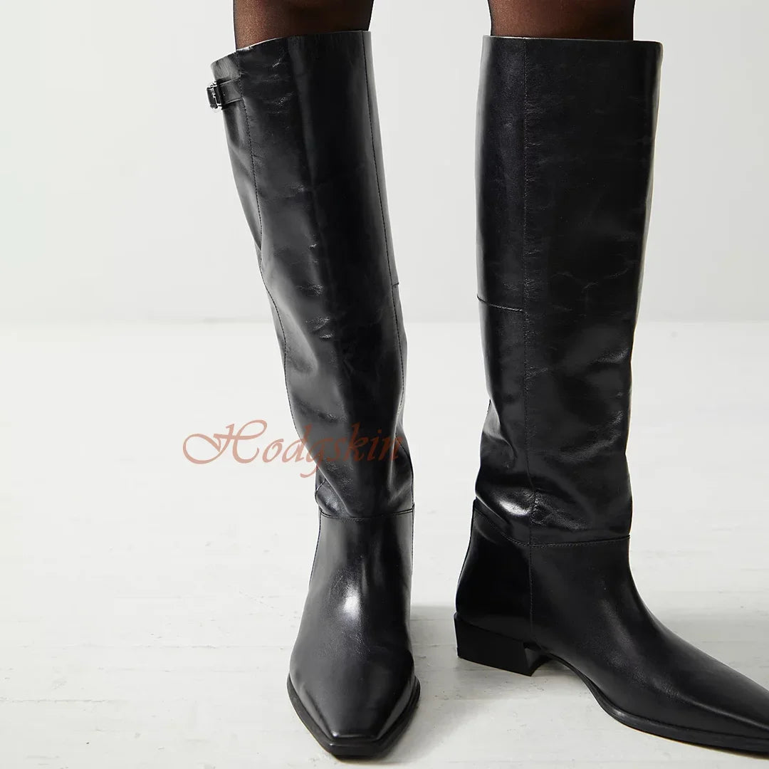 Genuine Leather Knee High Boots Pointy Toe Chunk Low Heels Buckles Straps Solid Boots Women Casual Shoes Winter Autumn Simple
