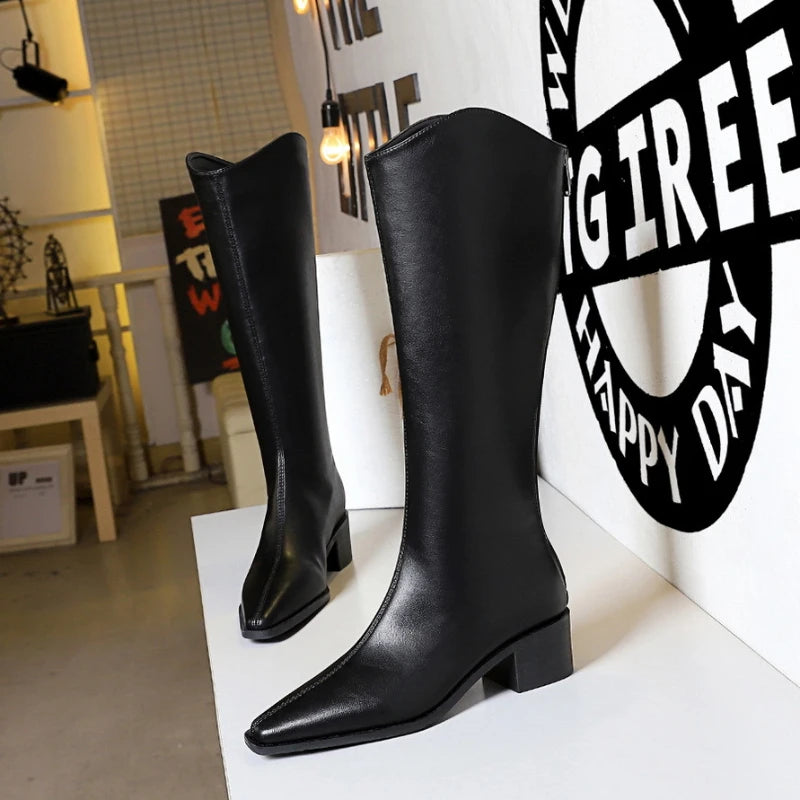 American Style Fashionable Simple High Tube Women Boots Thick Heel Mid-Heel Winter Versatile High Tube Boots Retro Knight Boots