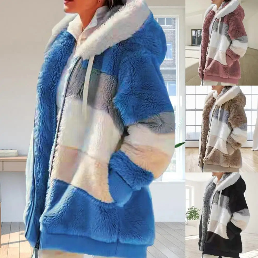 fleece Women Parkas Autumn Winter Long Sleeve Color Block Zipper Fluff Hooded Warm Coat Jacket
