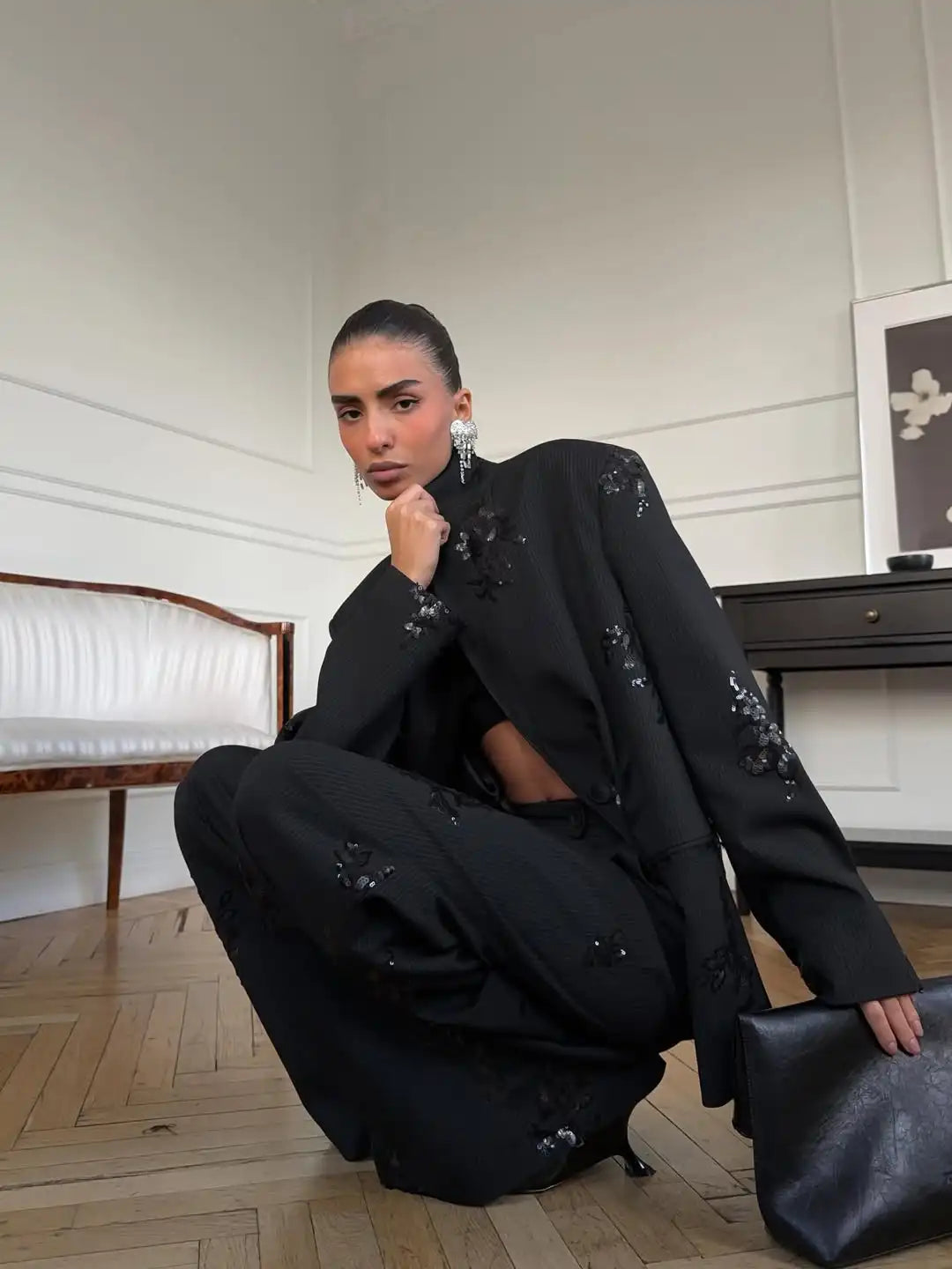 Fashion Sequinned Shirt Suit Women Elegant Lapel Long Sleeves Top Elastic Waist Pants 2Pcs Set 2026 Lady Street Spring Suits