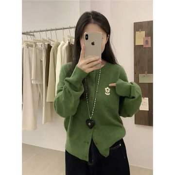 Women's Clothing Chic Flower Embroidery Knit Cardigan Autumn Winter New Casual Slim O-neck Long Sleeve Sweaters Lady Button Tops