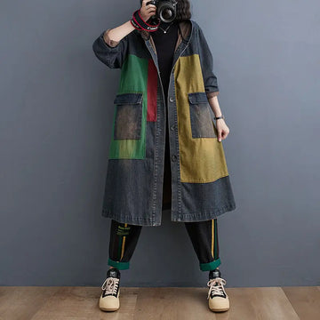 Autumn Vintage Denim Long hooded Trench Coat Women single-breasted Patchwork Windbreak Ladies Casual Loose Cowboy overcoat R562