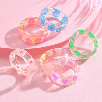 New Transparent Acrylic Ring For Women Colorful Sweet Resin Round Flower Rings Cute Heart Geometric Finger Ring Party Jewelry