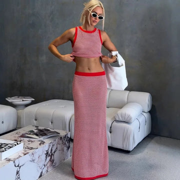 Tuularose Knitted Dress Two Piece Women's Knitted Sleeveless Striped Vest Slim Long Dress Set Fashion Sexy Matching Sets 2025