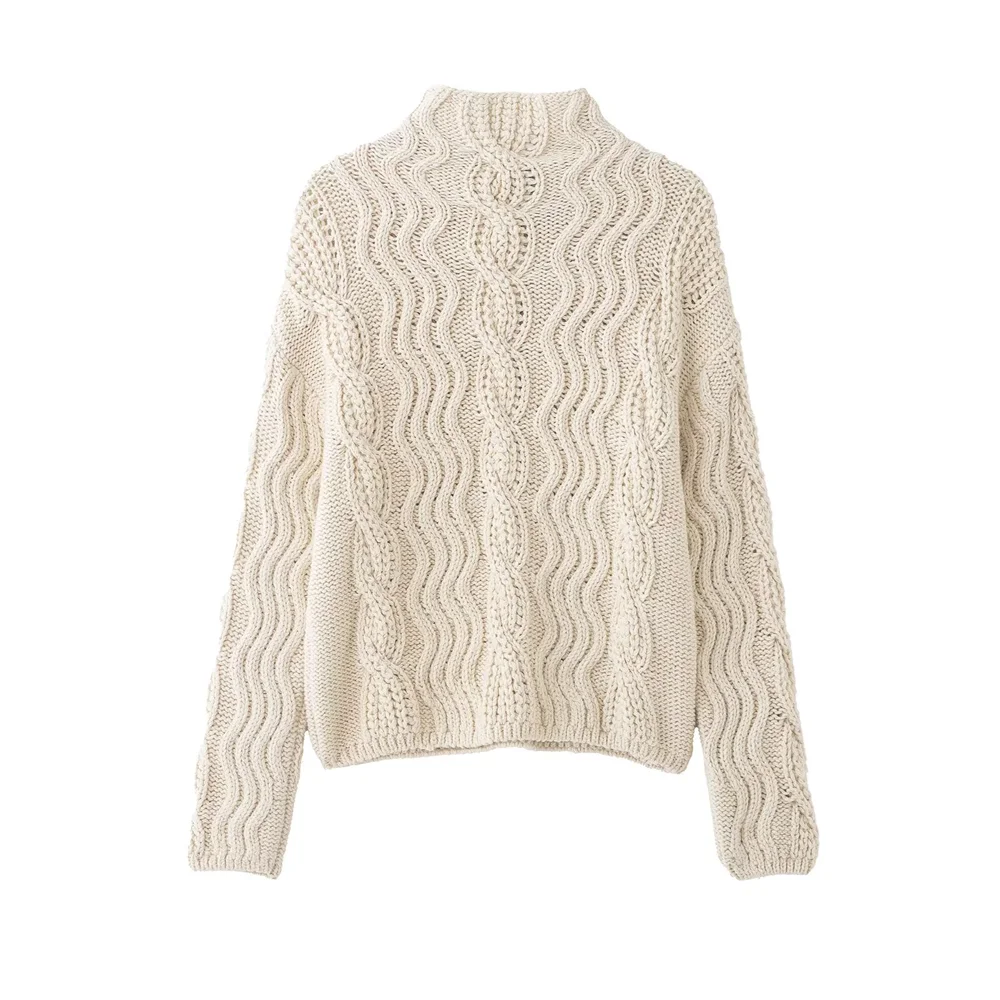 2025 Winter New Women's Fashion Simple Versatile High Neck Long Sleeve Casual Fried Dough Twists Sweater Jacquard Knit